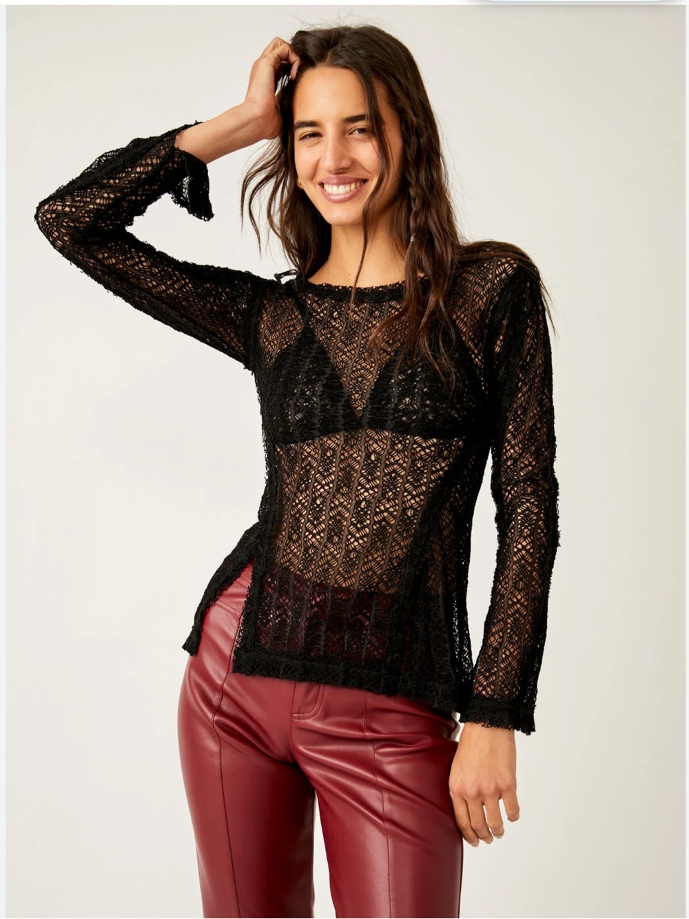 Free People On The Road Twisted Tee Black Sheer Lace Knit Long-Sleeve Top